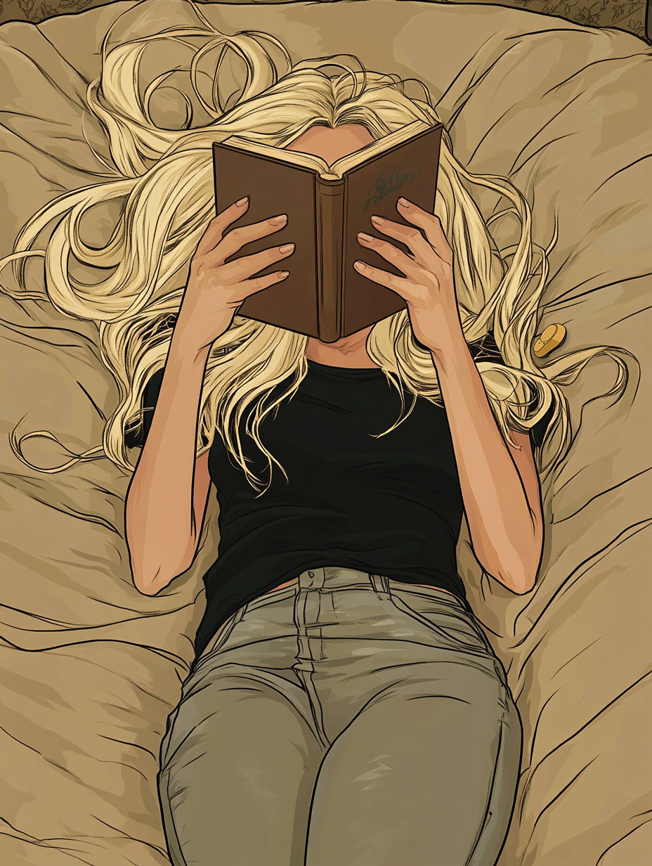 Alicia, allongée avec un livre sur son lit
